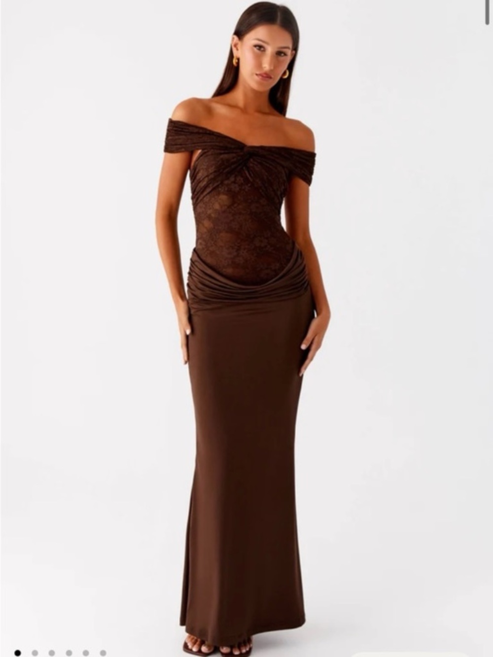 Peppermayo Chocolate Brown Off-Shoulder Lace Maxi Dress